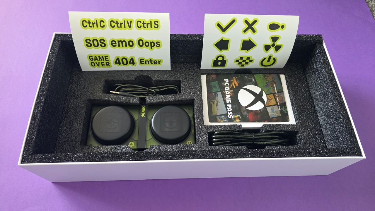 Open box showing stickers and game pass code
