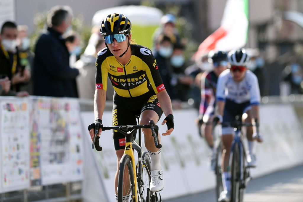 CITTIGLIO ITALY MARCH 21 Arrival Marianne Vos of Netherlands and Team Jumbo Visma during the 45th Trofeo Alfredo BindaComune di Cittiglio 2021 Womens Elite a 1418km stage from Cocquio Trevisago to Cittiglio 257m TrBinda UCIWWT on March 21 2021 in Cittiglio Italy Photo by Tim de WaeleGetty Images