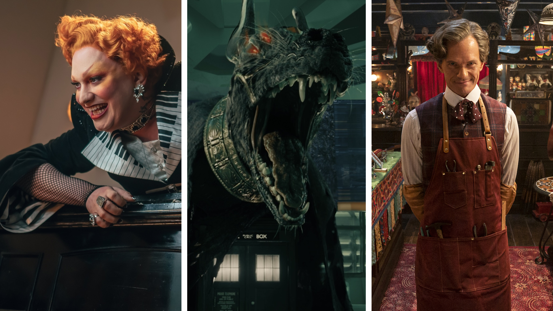 Three members of the Pantheon of Discord from Doctor Who. Mastero (Left), Sutekh (Middle), and The Toymaker (Right).