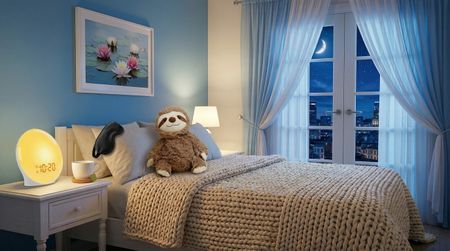 A white bedroom featuring a bed with crisp white sheets and a weighted blanket. The bedroom overlooks a city at night.