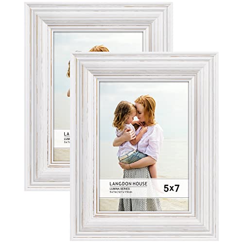 Langdon House 5x7 Real Wood Picture Frames (weathered White - Gold Accents, 2 Pack), French Country Style Wooden Photo Frame 5 X 7, Lumina Collection