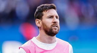 Barcelona icon Lionel Messi warming up for PSG in the match against Stade Rennes in March 2023. 