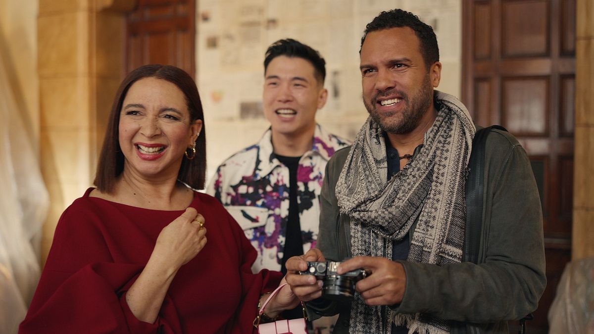 Maya Rudolph, Joel Kim Booster and new cast member O-T Fagbenle in Loot season 2