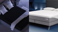 The Eight Sleep Pod 4 smart mattress cover on a bed (left) and the Sleep Number i8 Smart Bed on a bed frame (right)