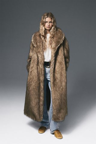 long brown shaggy faux fur coat