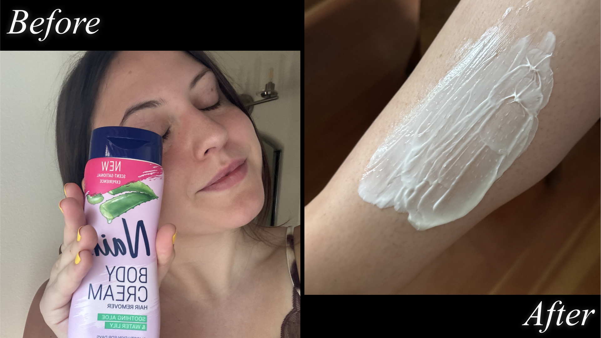 Sophia Vilensky test's Nair's body cream with aloe, taking a selfie and then showing the cream on her leg.