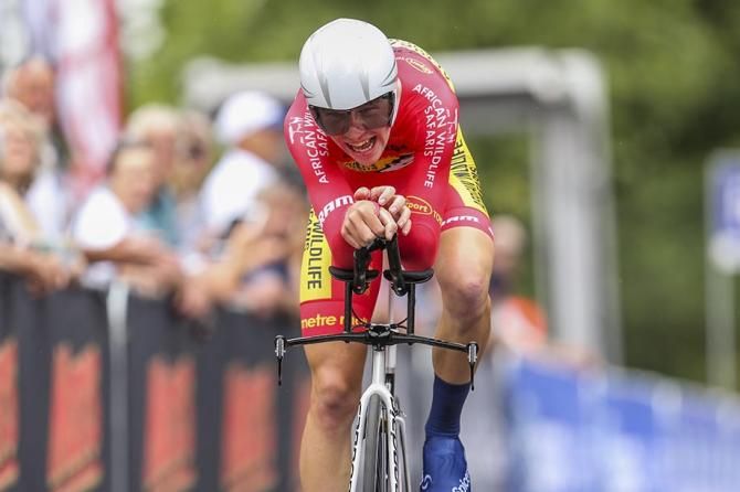 Oscar Stevenson feels the pain as he crosses the line for second place in the U23 race
