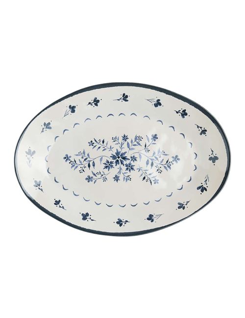 Marin Botanical White and Blue Stoneware Oval Salad Platter