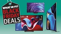 LG C4 OLED, Sony Bravia 8 and Samsung S95D on green background with "What Hi-Fi? Black Friday Deals" text in a badge design on the left. 