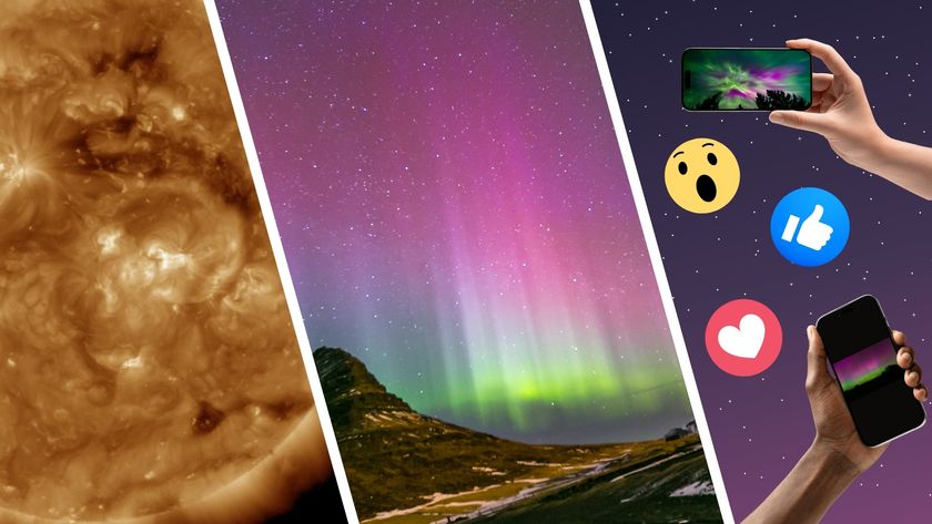 three panel image showing a close up view of the sun on the left, a colorful northern lights scene in the center with pillars of purple and green lights and on the right there are images of smartphones with northern lights photos on them with social media reactions of a shocked emoji, a thumbs up and a heart scattered amongst the scene.