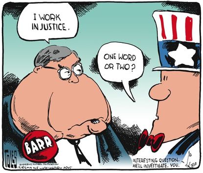 Political Cartoon U.S. William Barr In Justice One Word
