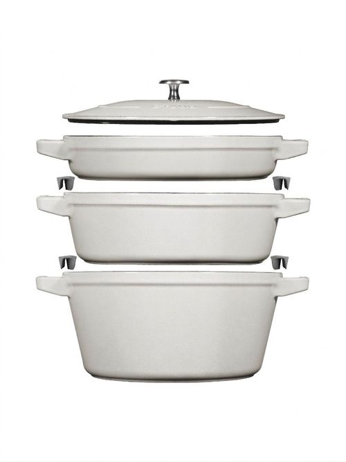 Staub Stackable Set 3-Pcs Cast Iron Pot Set Stackable White Truffle