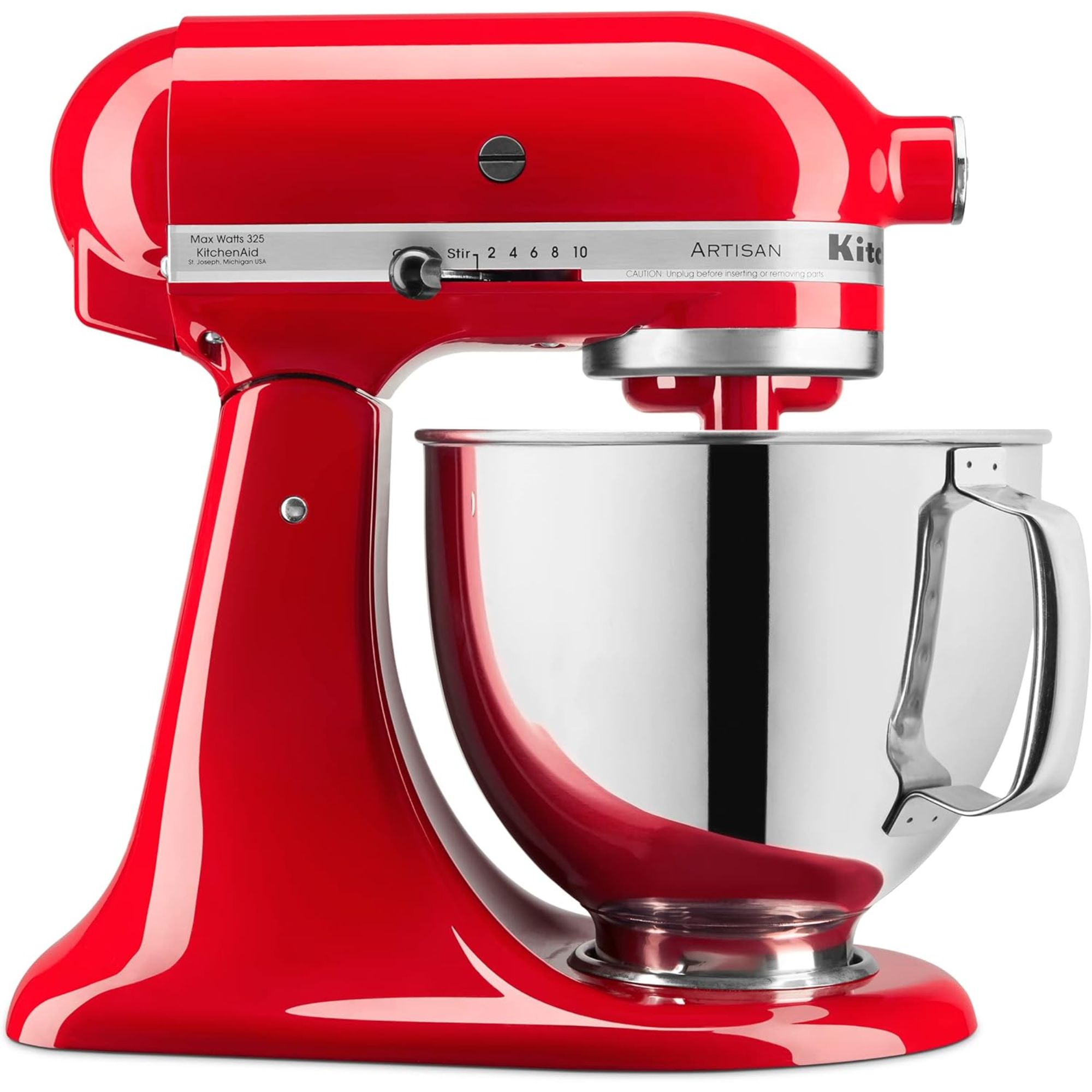 Red stand mixer with silver bowl