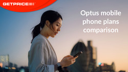 A woman outside looking down at her phone with GetPrice logo in top left corner with white writing that says Optus mobile phone plans comparison