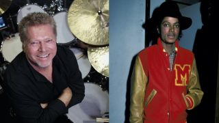 Drummer John JR Robinson sat at drum kit, Michael Jackson circa 1984 