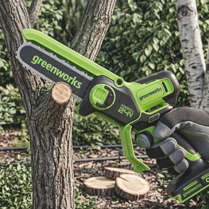 A greenworks pruning saw being used to cut a small limb off a tree