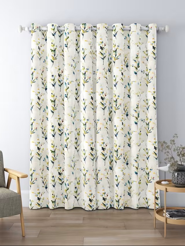 John Lewis, Wildflower Sprigs Print Blackout/Thermal Lined Eyelet Curtains, Set of 2