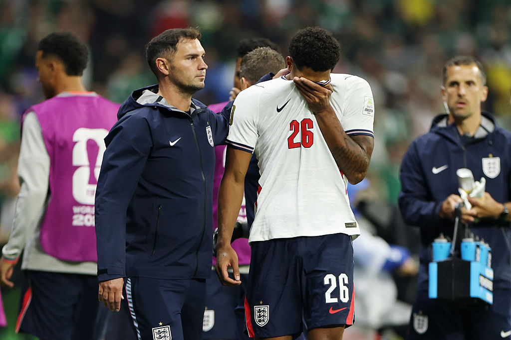 Jarell Quansah leaves the pitch in tears after his red card against Mexico