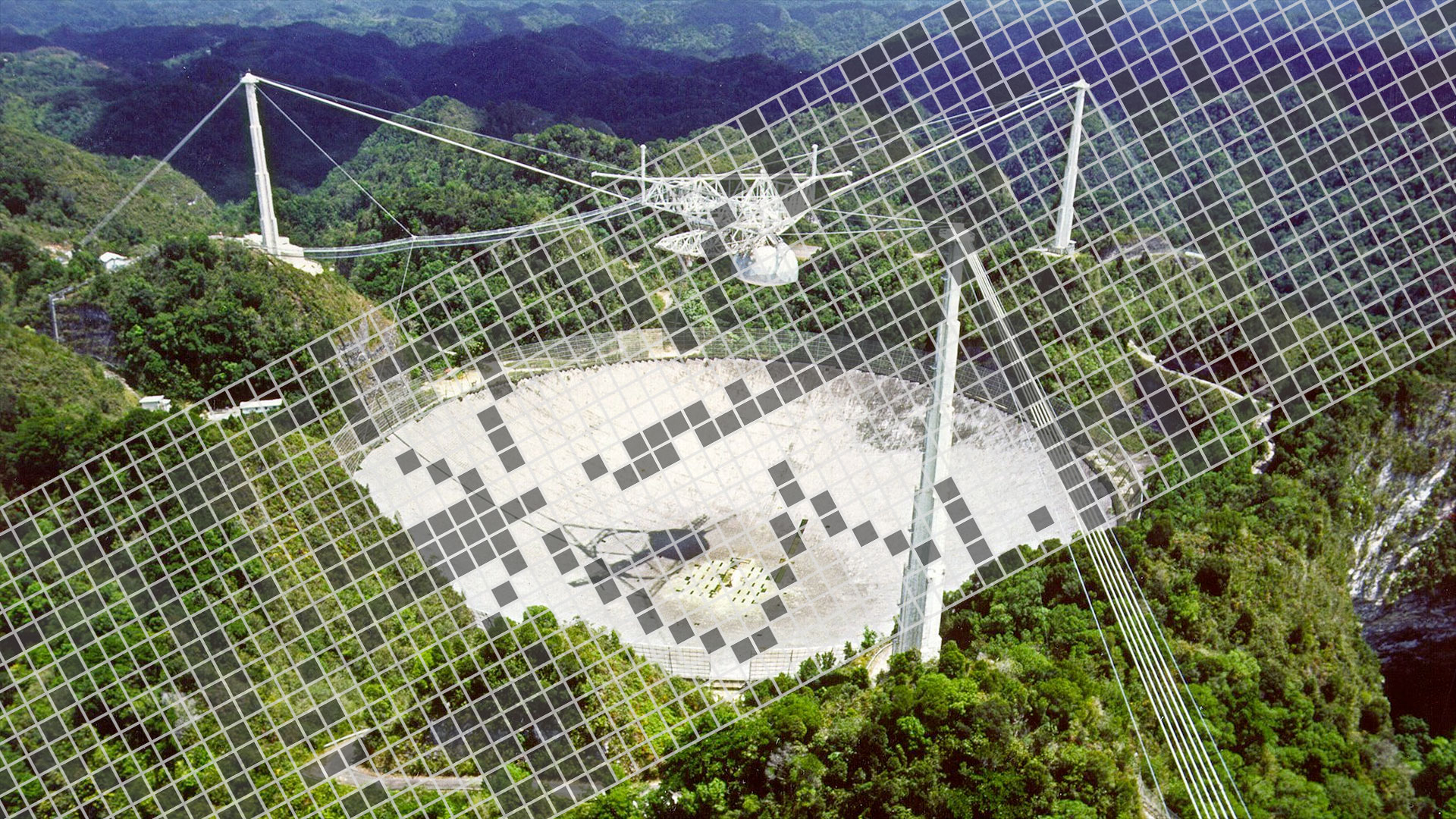 Arecibo Observatory overlayed with the message for extraterrestrials it transmitted in 1974.