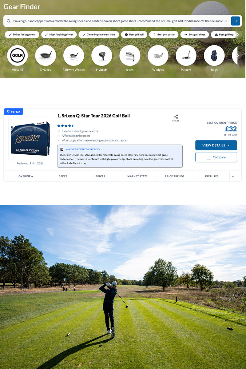 Three step process of entering the query into the product finder tool, being served the optimal golf ball recommendation based on expert reviews and putting it into play on the golf course immediately