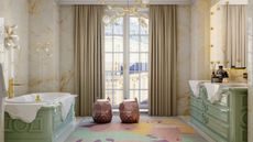 Marble walled bathroom with ornate green vanity and bath, with colorful abstract rug on floor, floor to ceiling windows and curtains, with gold accents