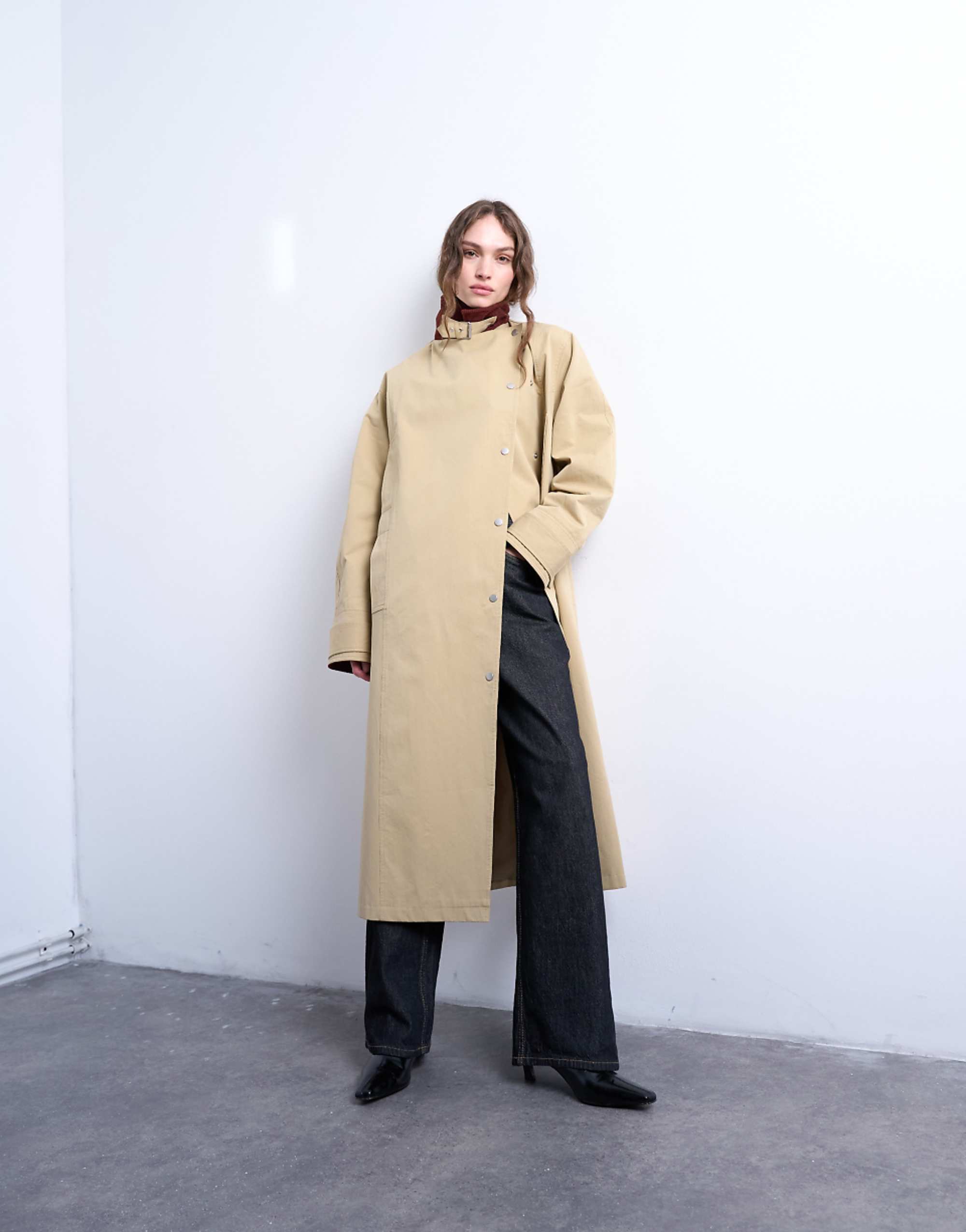 Topshop Longline Trench Coat With Contrast Collar and Buckle Detail in Beige