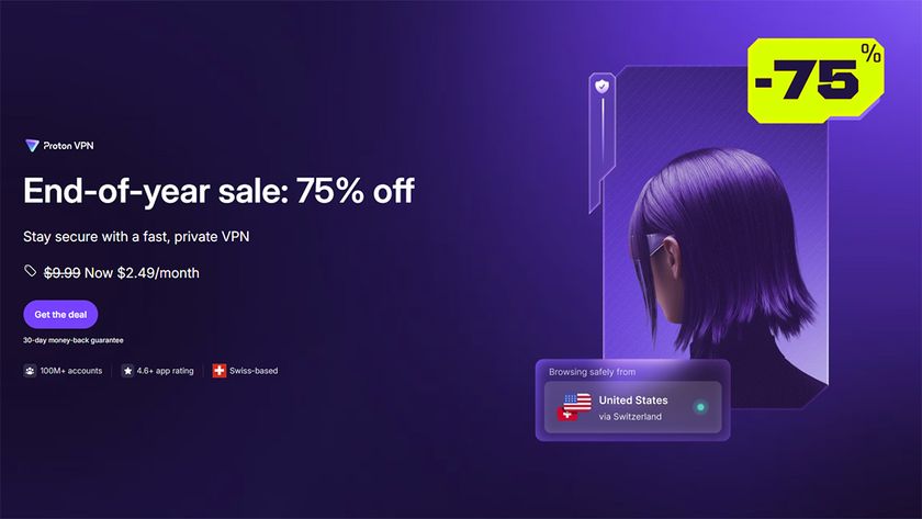 Proton VPN deal graphic with a yellow 75% off badge and in-app image