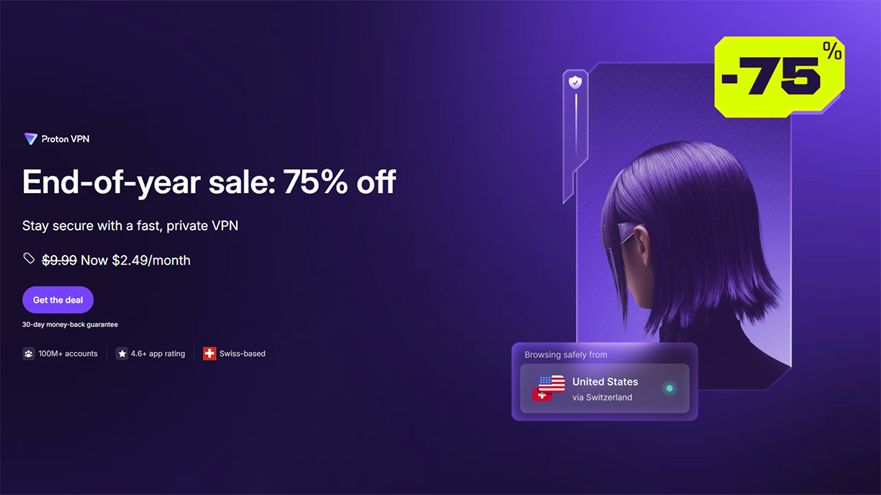 Proton VPN deal graphic with a yellow 75% off badge and in-app image