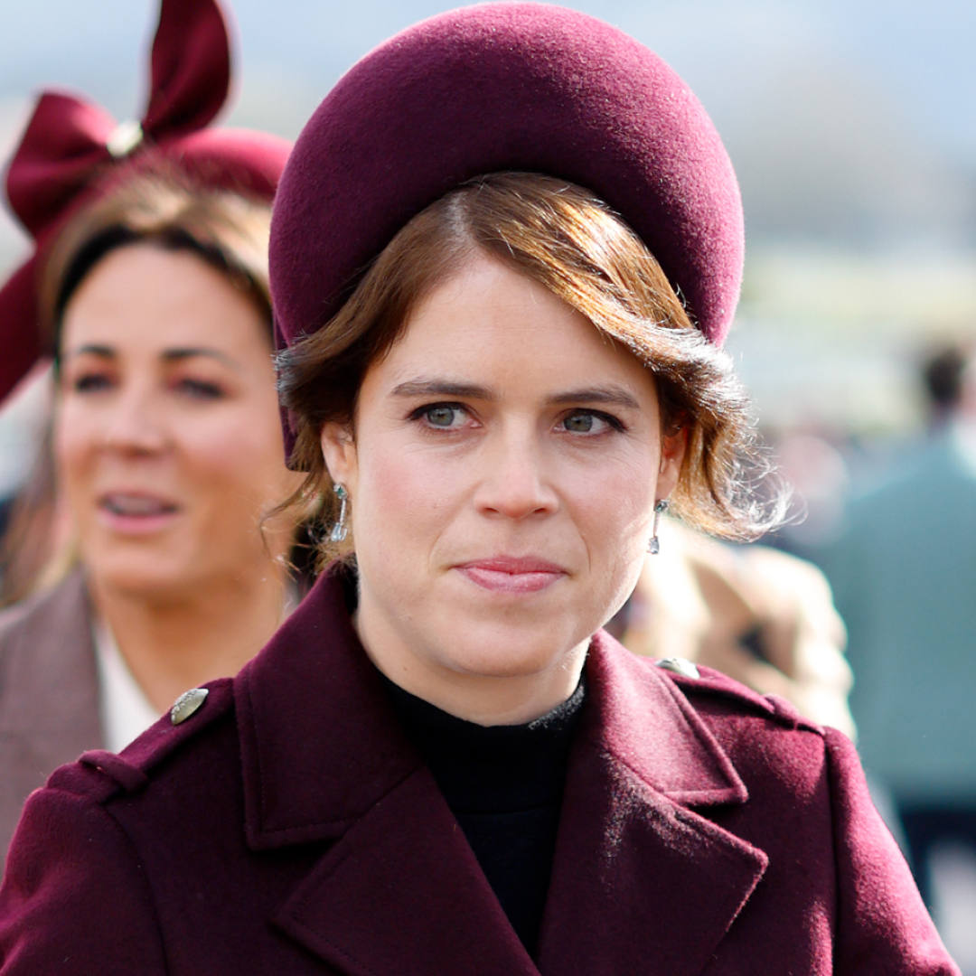 Princess Eugenie wears a burgundy coat and matching hat