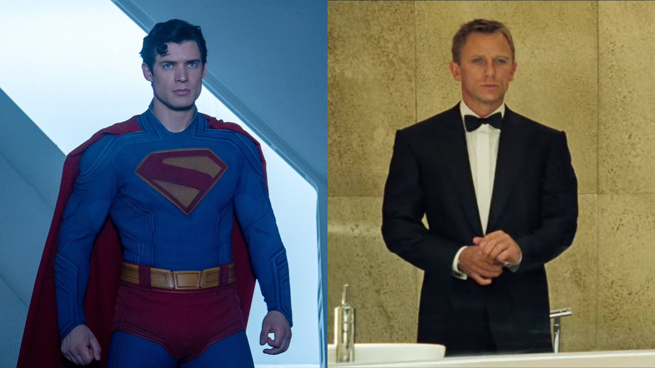 David Corenswet pictured standing stoically in his Superman costume, shown next to Daniel Craig adjusting his cufflinks in Casino Royale. 