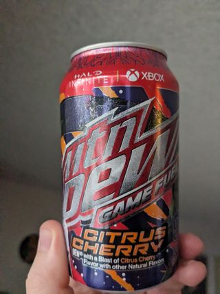 A can of Mountain Dew Game Fuel, in the Halo Infinite era.