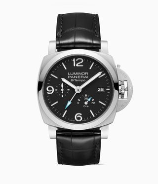 The new Panerai Luminor BiTempo watch with a silver frame, black strap and a black face with white hands.