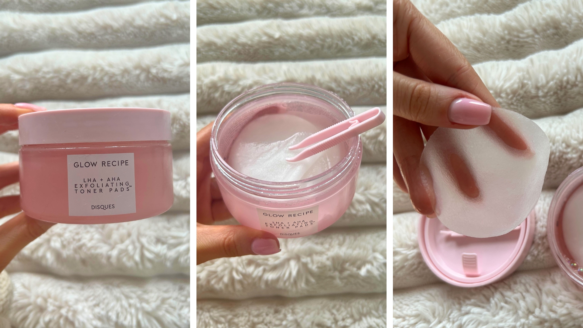 A trio of images, on the left showing a hand holding a closed tub of the LHA + AHA Exfoliating Pads, the tub open in the middle and a hand holding one of the round toner pads on the right