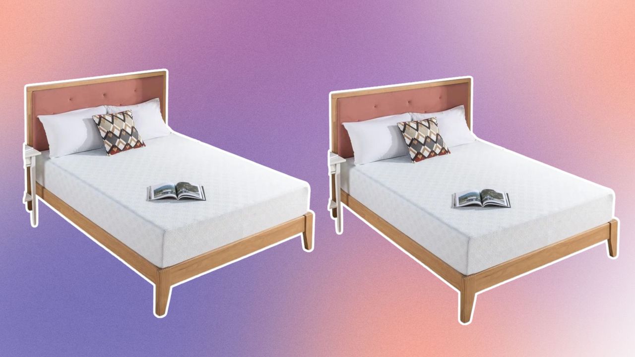 Two mattresses in wooden bedframes on pink and purple background