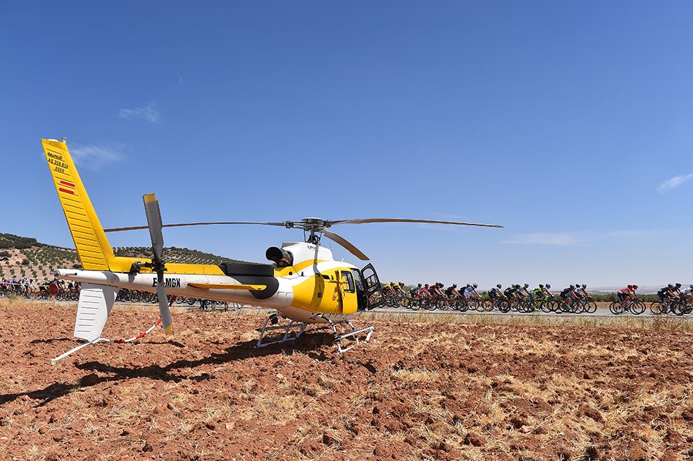 A TV helicopter takes a break mid-stage