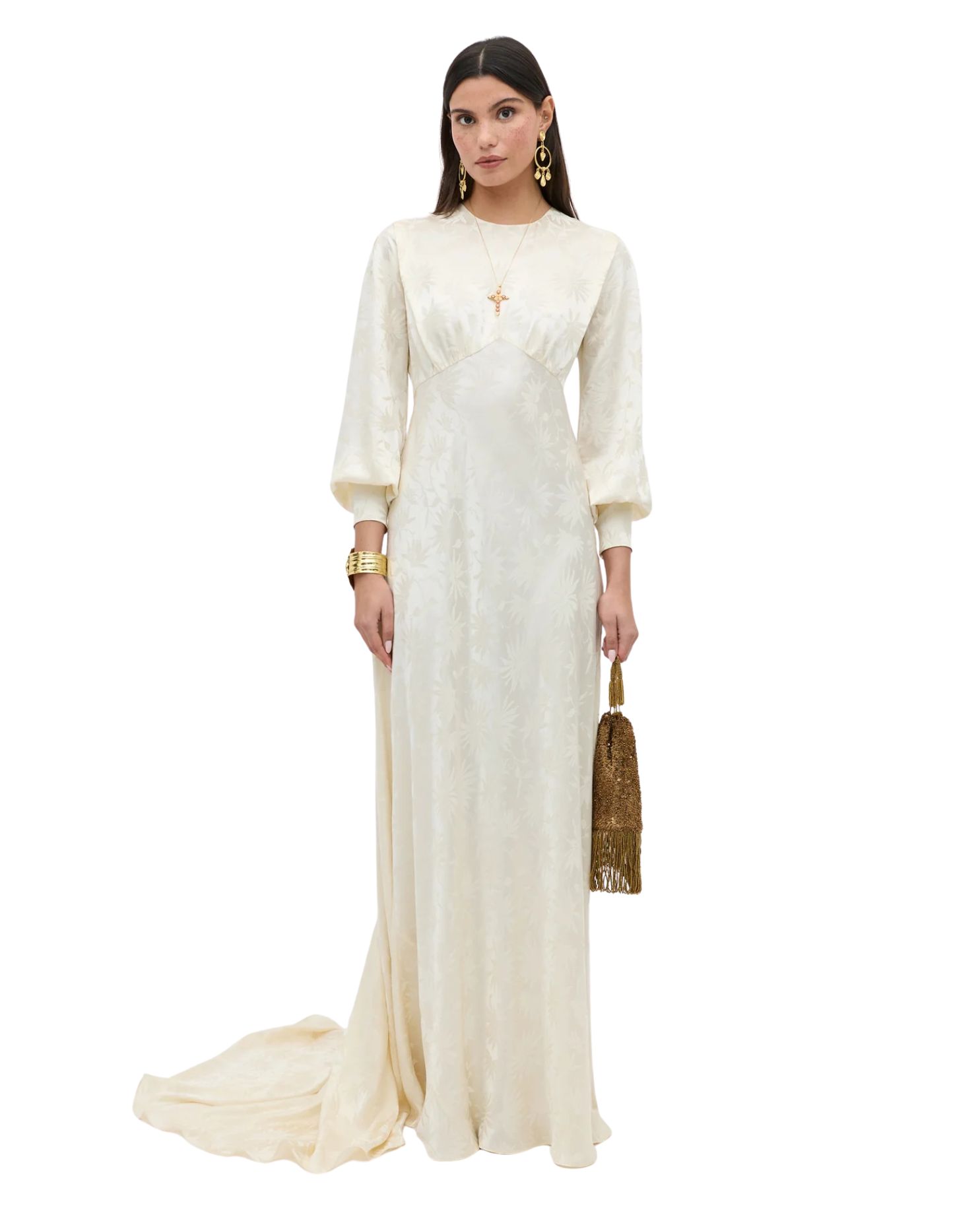 Clementine Silk Gown in Ivory Daisy Jacquard Champagne