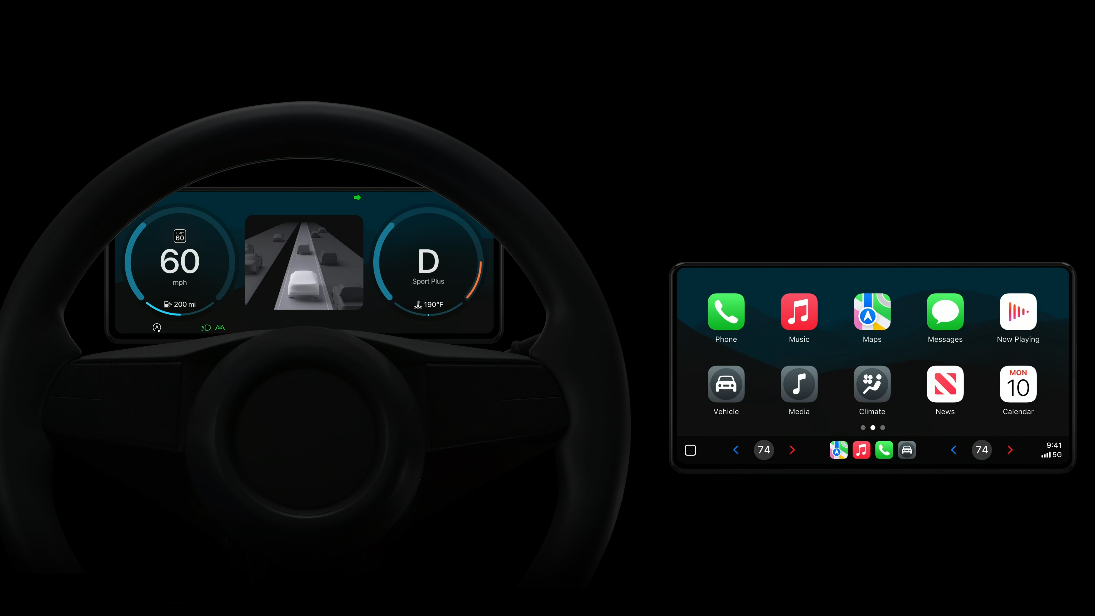 A dashboard showing Apple CarPlay