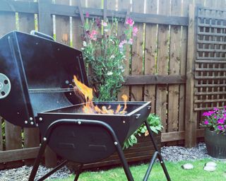 barbecue lit with flames