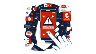 Image by Bing Image Generator (Powered by Dall.E 3), Prompt: A smartphone being held by somebody and there is a dangerous notification on the screen, in a flat style, infographic-like, on a white background