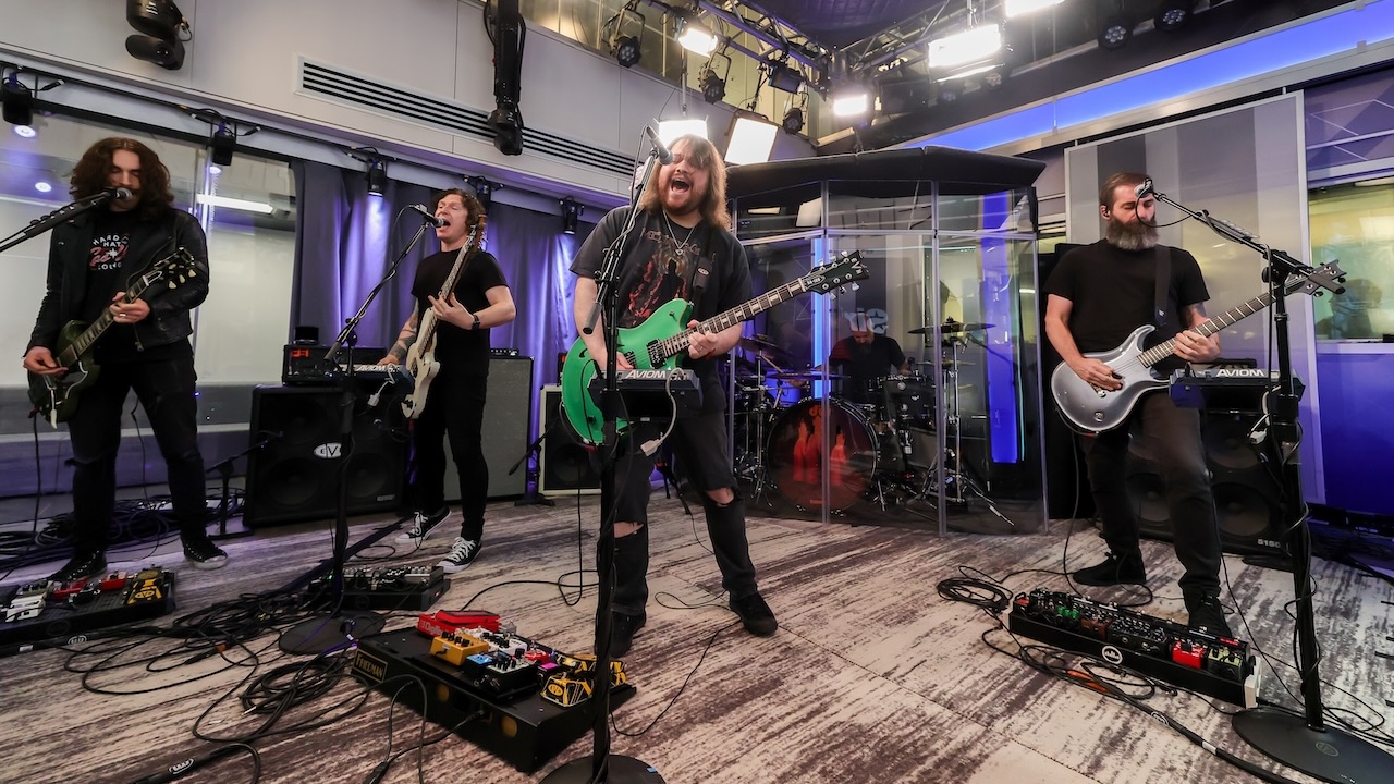 Frank Sidoris, Ronnie Ficarro, Wolfgang Van Halen, Garrett Whitlock, and Jon Jourdan of the band Mammoth perform during their visit to SiriusXM Studios on July 14, 2025 in New York City.