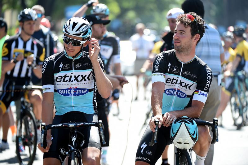 Julian Alaphilippe with teammate Mark Cavendish (Etixx-Quick Step) on the start line