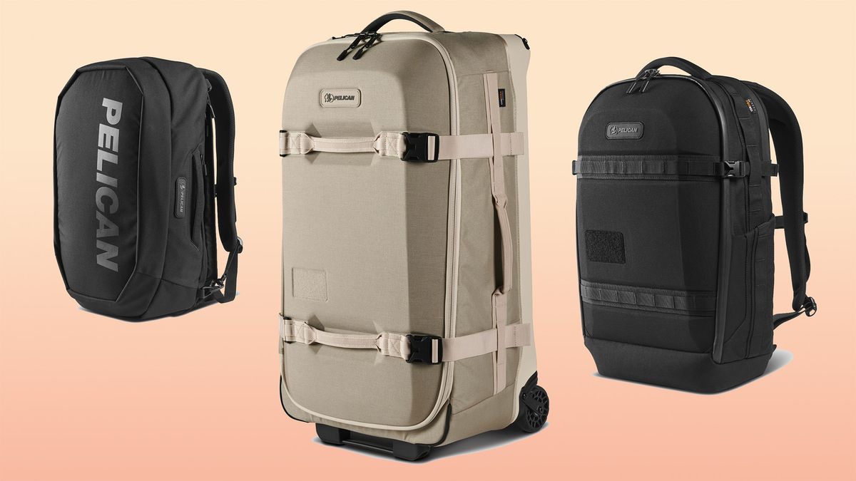 The Pelican AEGIS Series Duffel Pack, Pelican AEGIS Series Rolling Duffel and Pelican AEGIS Series Backpack on a tan gradient 