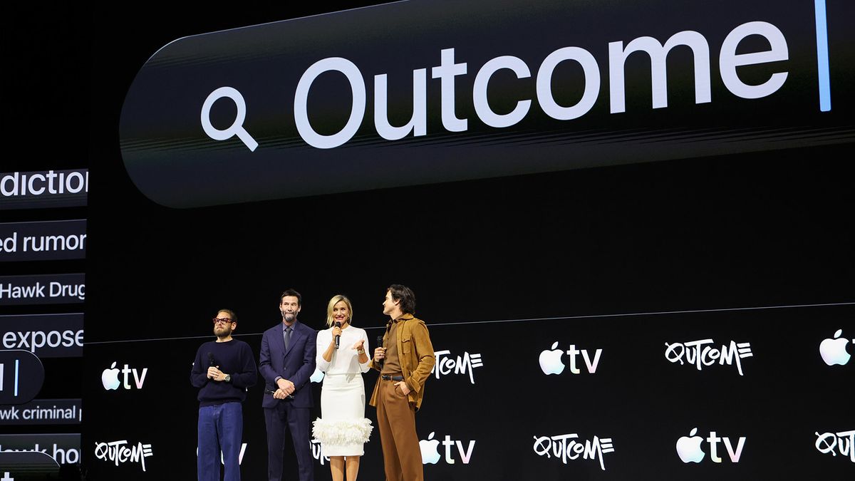 The cast of Outcome on stage at an Apple TV press event.
