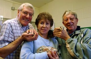 Reunited former Blue Peter presenters (L-R) Peter Purves, Valerie Singleton and John Noakes with mice Ben and Jerry, Marge the Chinchilla and Smokey the Hamster, at RSPCA Southridge Animal Centre in Potters Bar, Hertfordshire