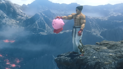 Kazuya holding kirby over a cliff side in smash bros ultimate
