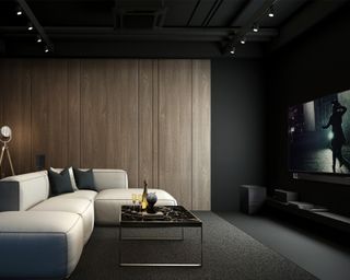 Klipsch soundbar in a cinema room with TV and sofas