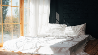 A mattress on the floor next to a window in direct sunlight