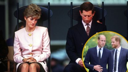 A composite of a picture of Princess Diana and King Charles attending a welcome ceremony in Toronto in 1991 and a roundel of Prince William and Prince Harry at Windsor Castle on September 10, 2022