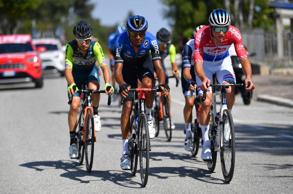 SARNANO ITALY SEPTEMBER 11 Mathieu Van Der Poel of The Netherlands and Team AlpecinFenix Amanuel Gebreigzabhier of Eritrea and Team NTT Pro Cycling Breakaway during the 55th TirrenoAdriatico 2020 Stage 5 a 202km stage from Norcia to SarnanoSassotetto 1335m TirrenAdriatico on September 11 2020 in Sarnano Italy Photo by Justin SetterfieldGetty Images