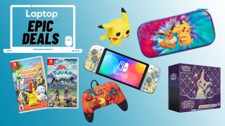 Nintendo Switch Pokemon games, controllers, case, trading cards and Pikachu vinyl figure against blue gradient background